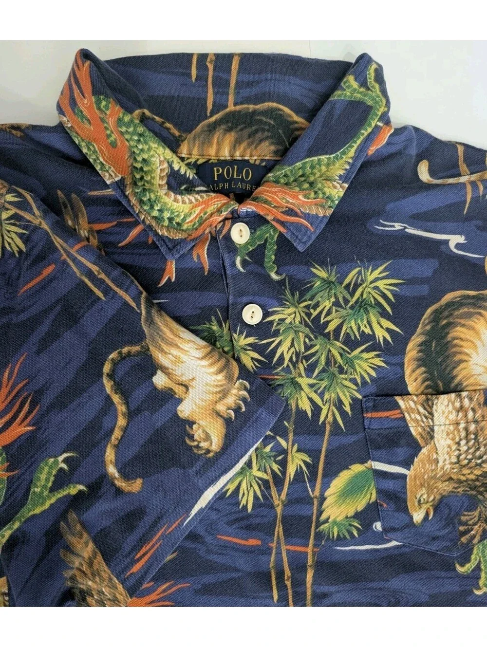 Vtg Polo Ralph Lauren Dragon Tiger Eagle Polo Shirt All Over Print Mens 2XL XXL